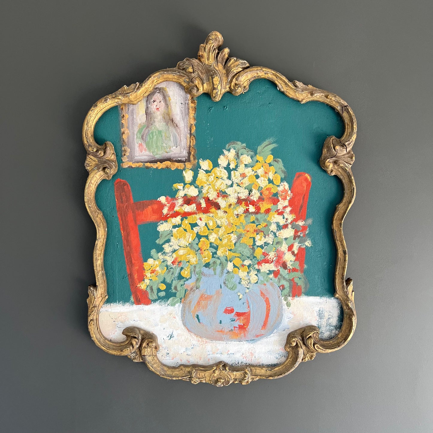 Vintage Painting Interior Scene Flowers with Red Chair and Portrait