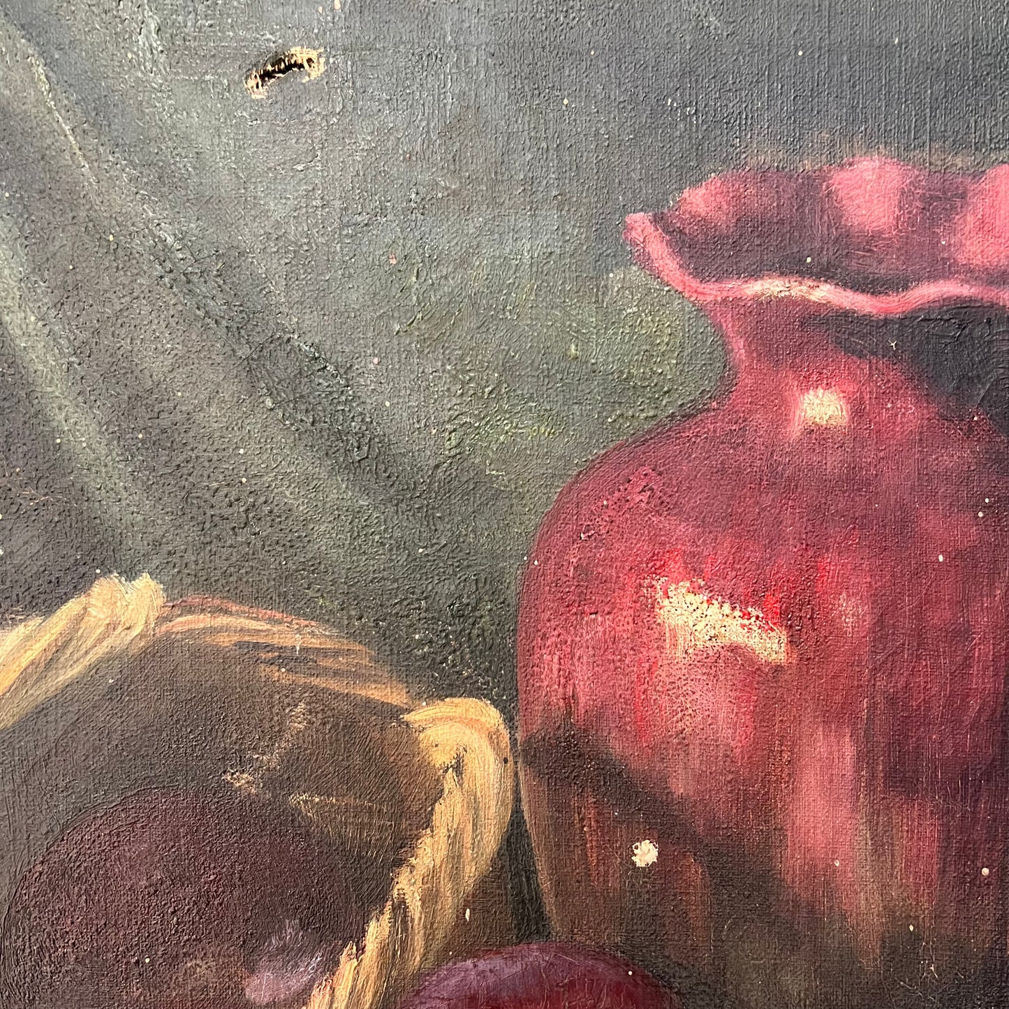 Rustic Antique Oil Painting Still Life of Vase, Apples & Basket