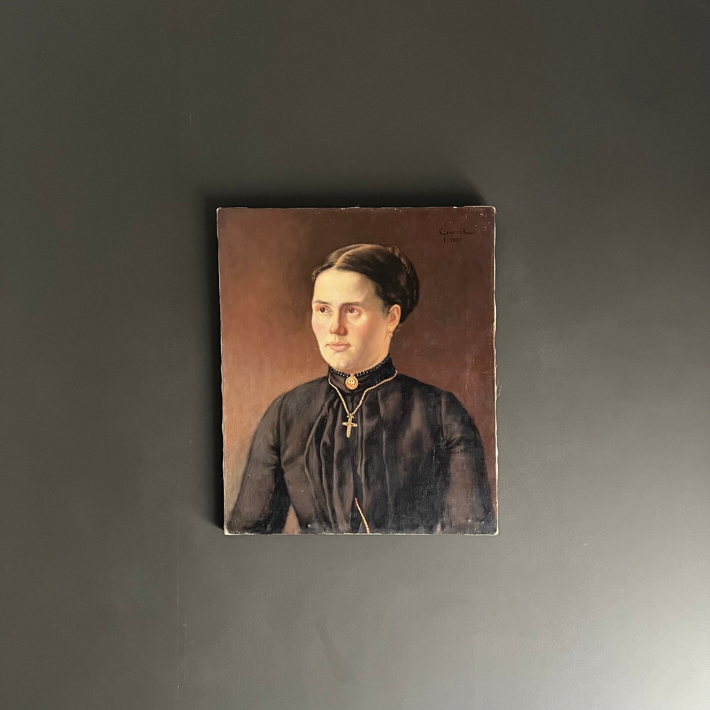 Antique Oil Painting Portrait Young Woman with Cross 1887