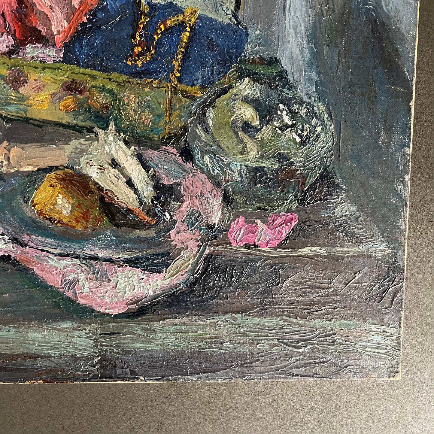 Vintage Oil Painting Still Life Ribbons Shells and Rose French 1960