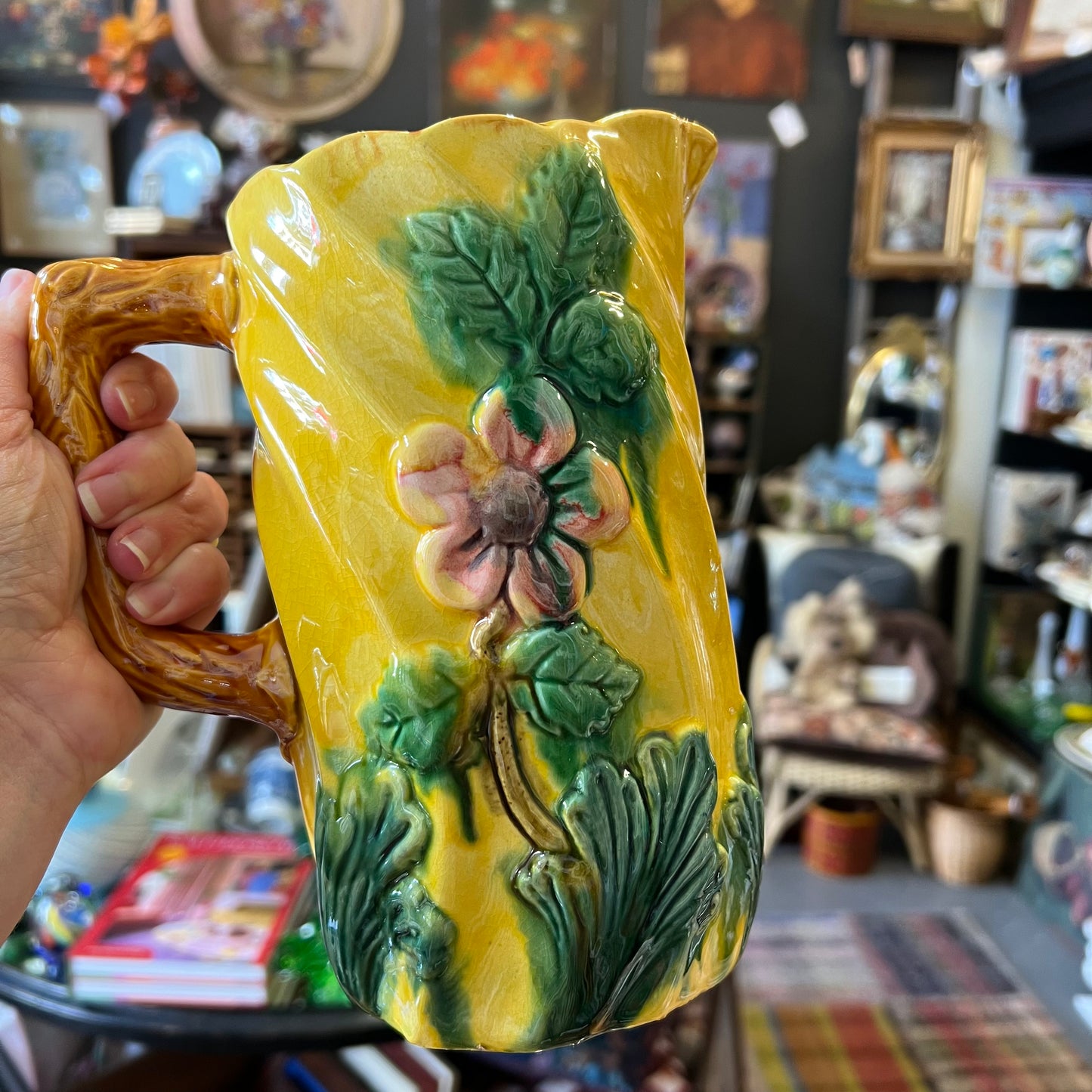 Vintage Majolica Style Pottery Jug Flowers & Leaves