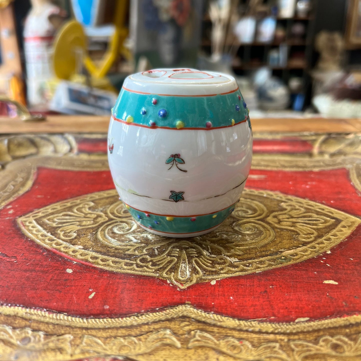 Vintage Hand Painted Chinese Petite Ginger Jar with Pierced Lid Famille Rose