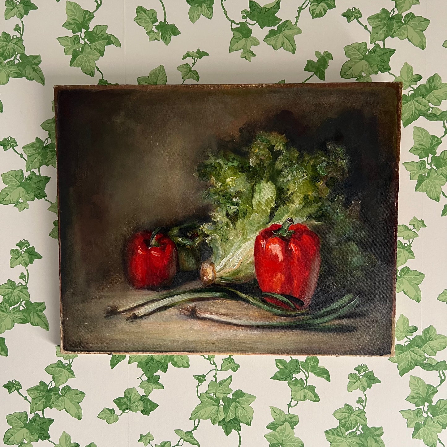 Vintage Oil Painting Still Life Capsicums and Lettuce