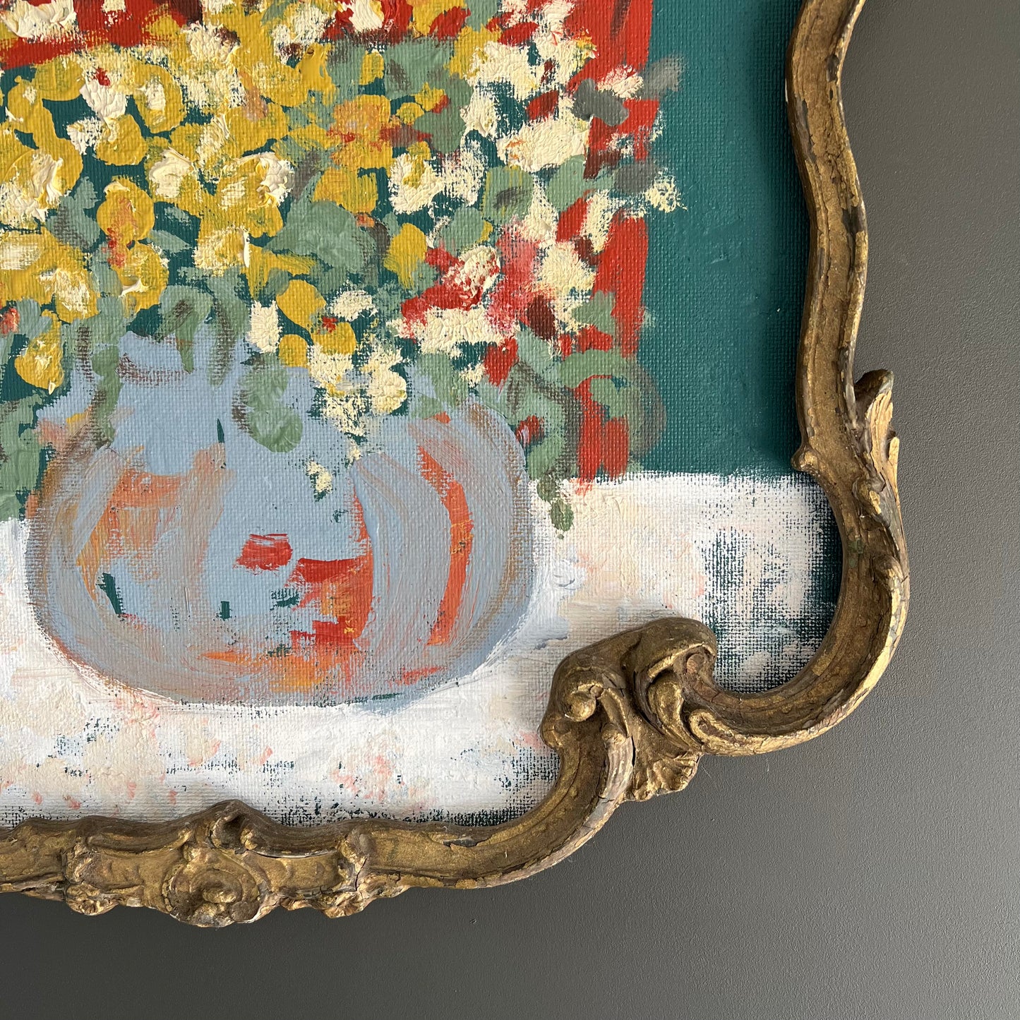 Vintage Painting Interior Scene Flowers with Red Chair and Portrait
