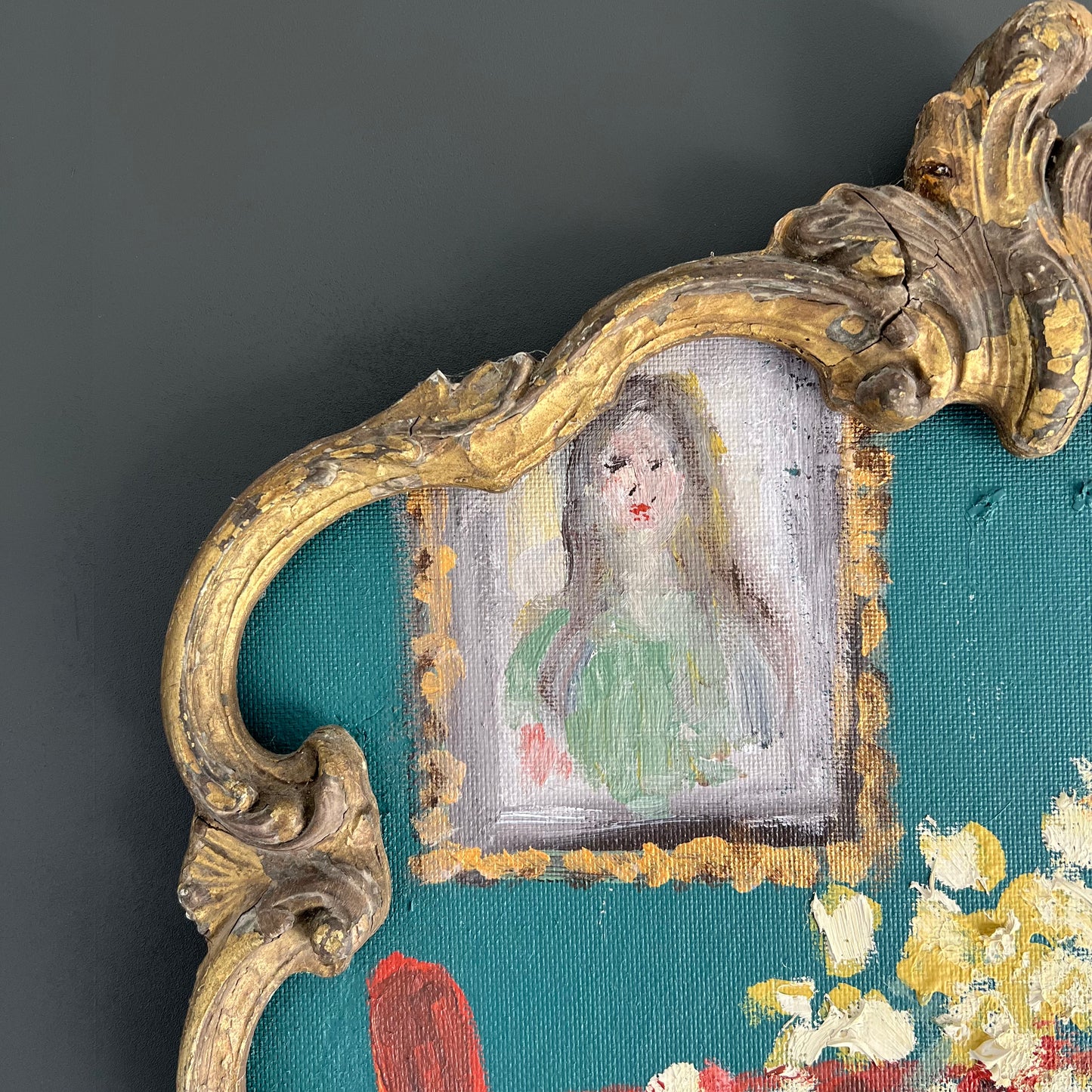 Vintage Painting Interior Scene Flowers with Red Chair and Portrait