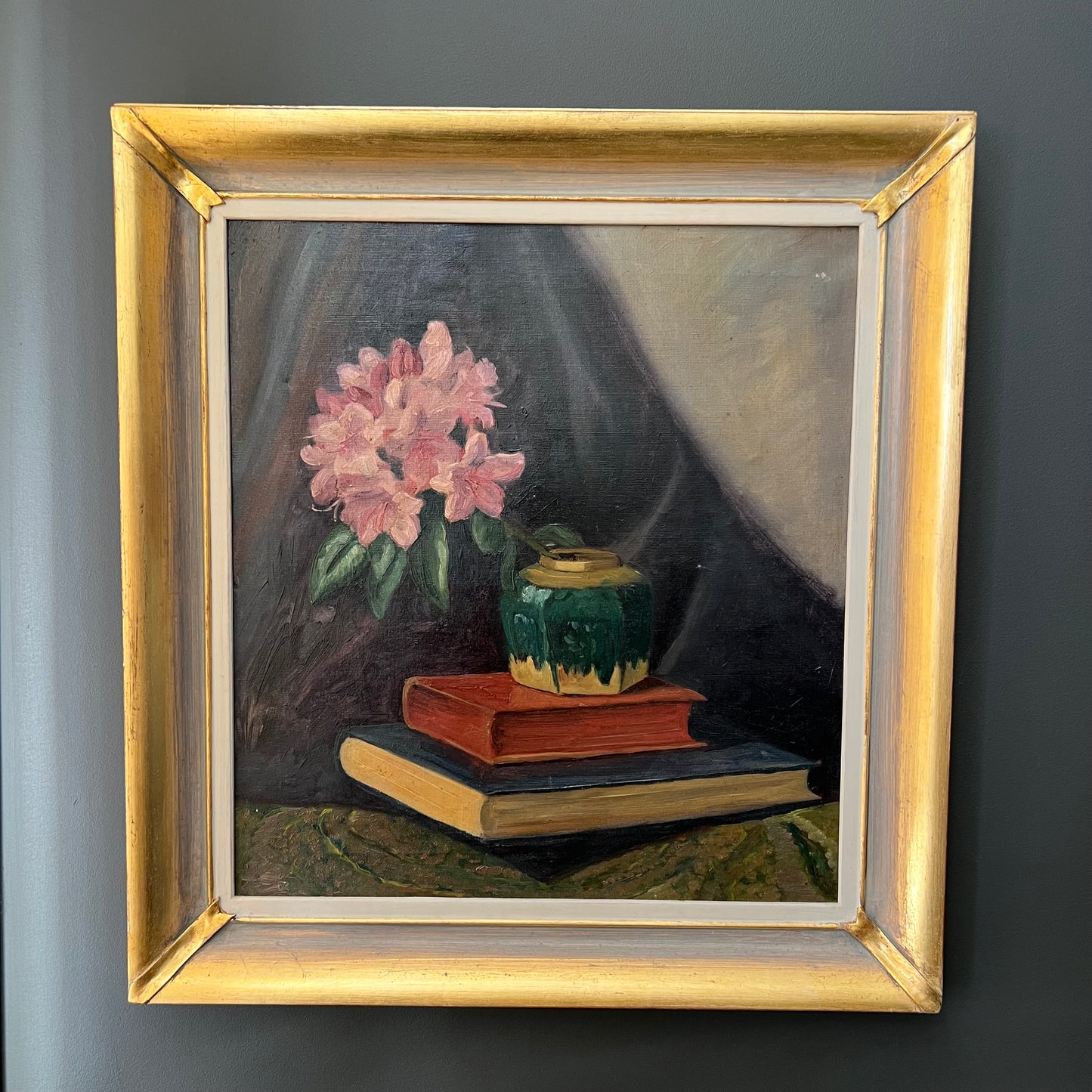 Vintage Oil Painting Still Life of Books, Ginger Jar & Rhododendron