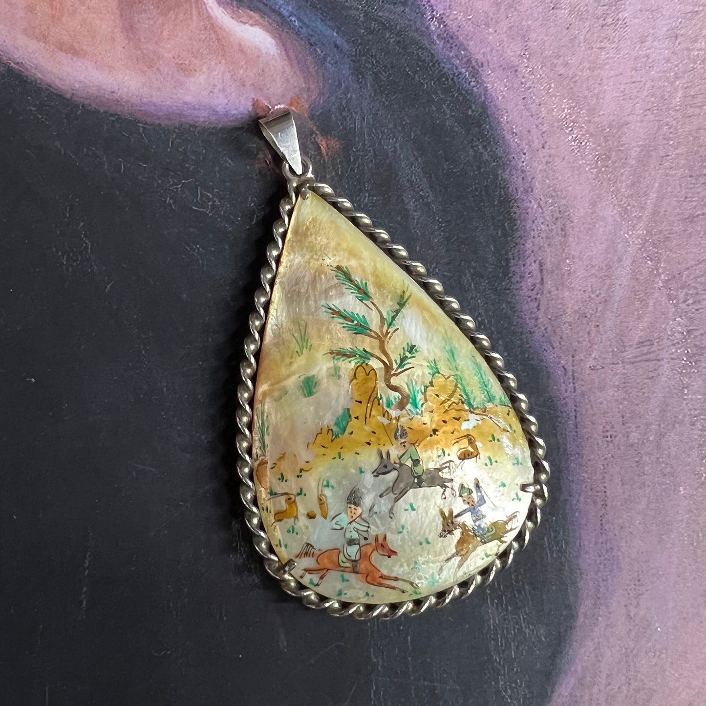Vintage Persian Sterling Silver Mother of Pearl Double Sided Hand Painted Pendant