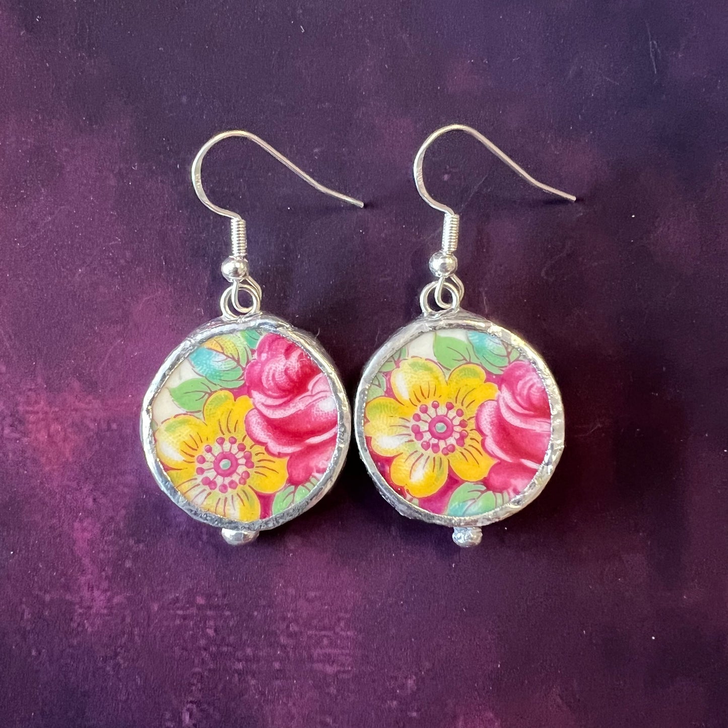 Vintage China Earrings Yellow & Pink Fleurs