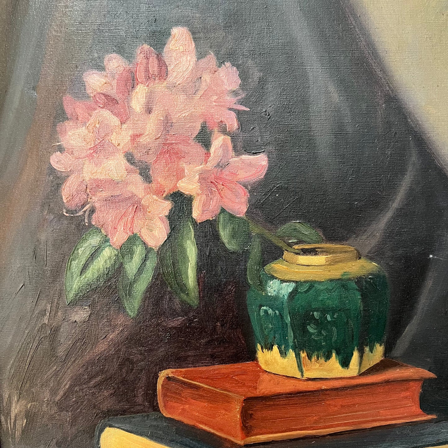 Vintage Oil Painting Still Life of Books, Ginger Jar & Rhododendron