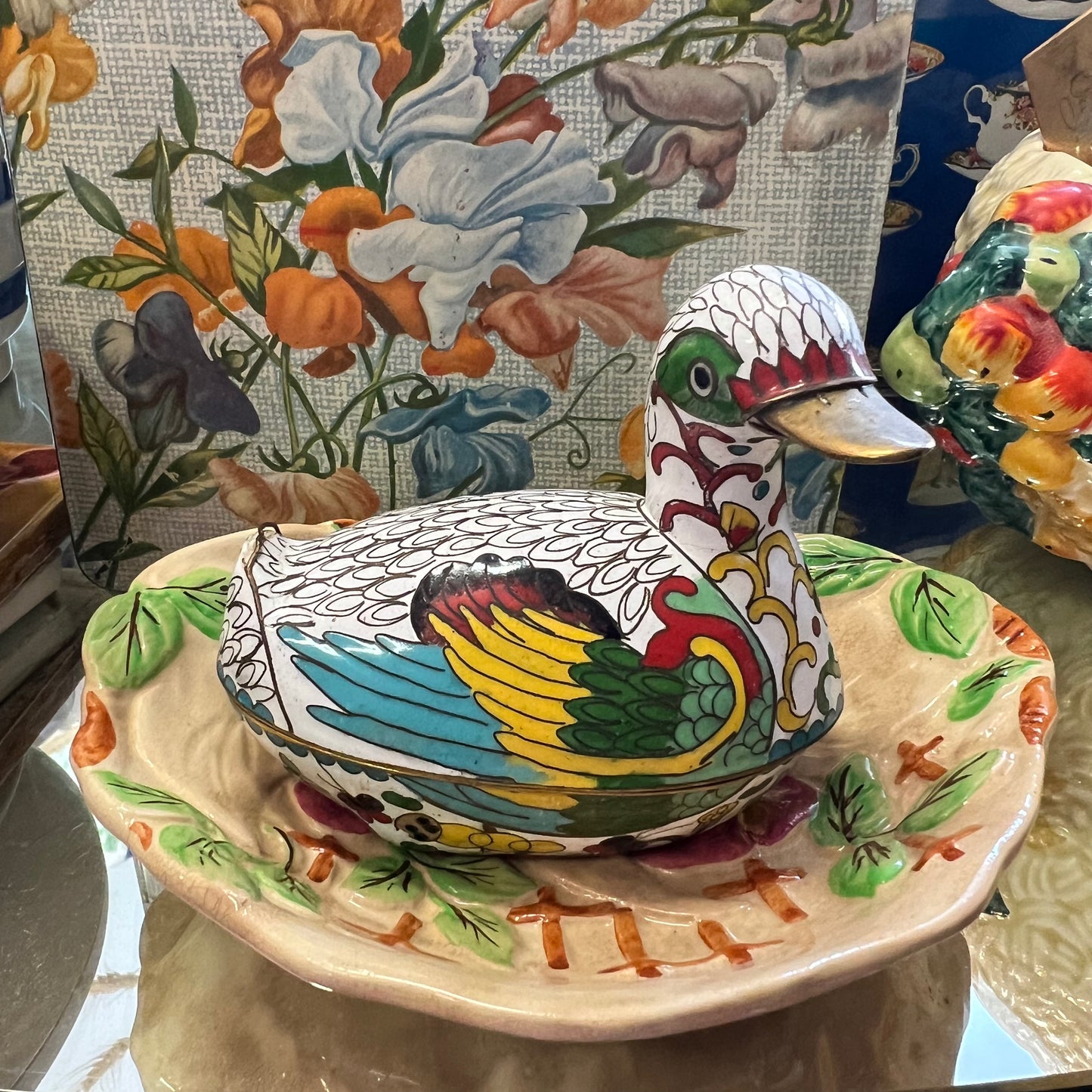 Vintage Cloisonné Brass Duck Box