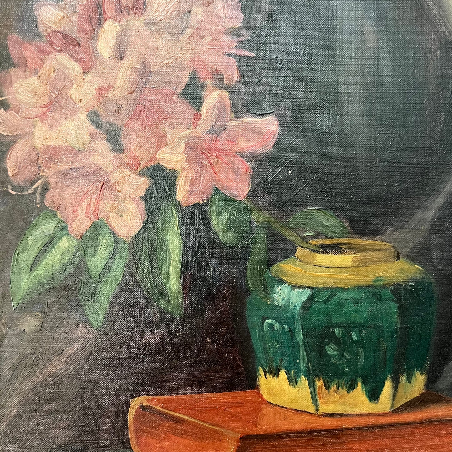 Vintage Oil Painting Still Life of Books, Ginger Jar & Rhododendron
