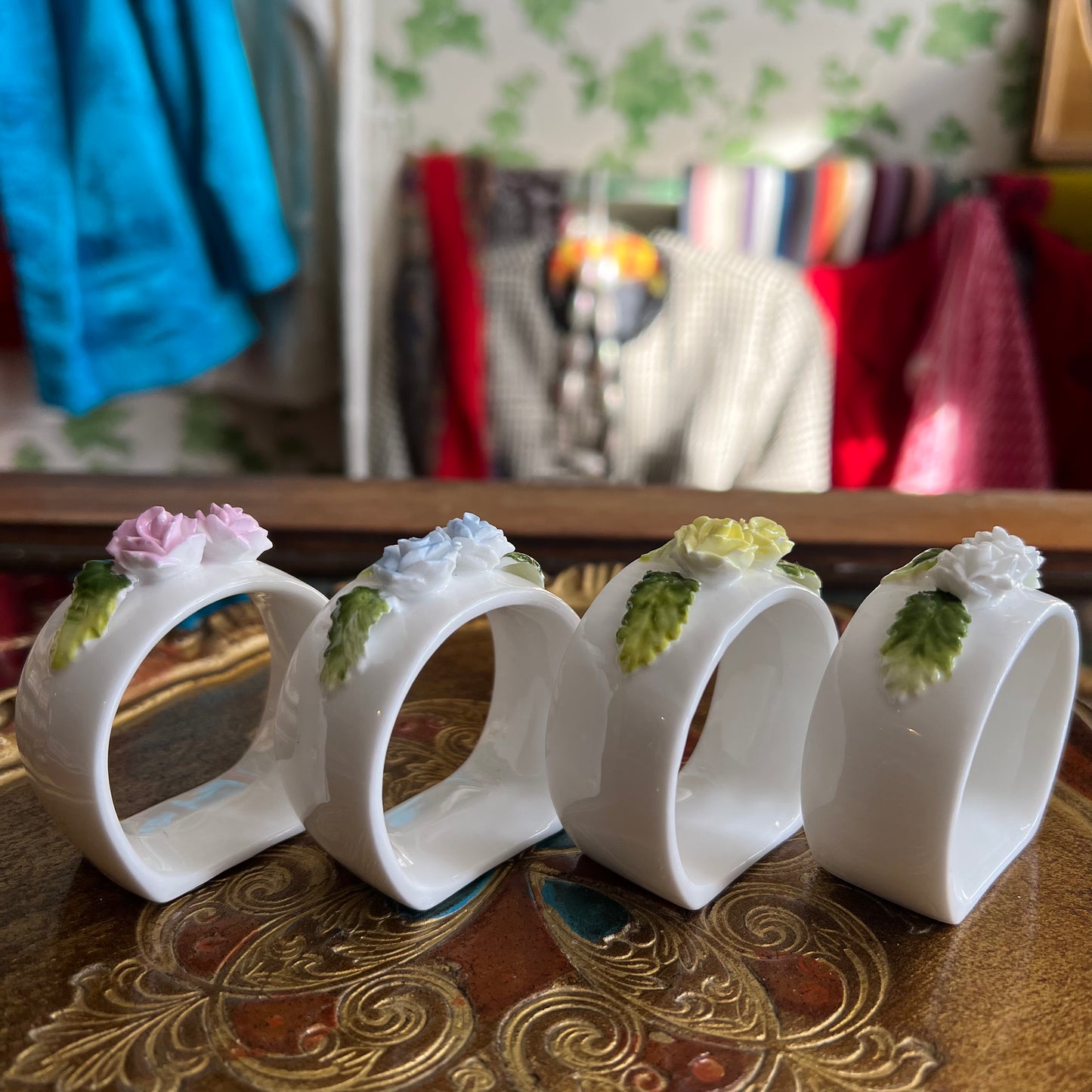 Vintage Porcelain Rose Napkin Rings Set 4