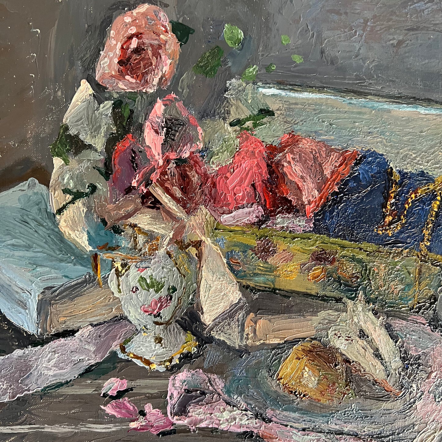 Vintage Oil Painting Still Life Ribbons Shells and Rose French 1960