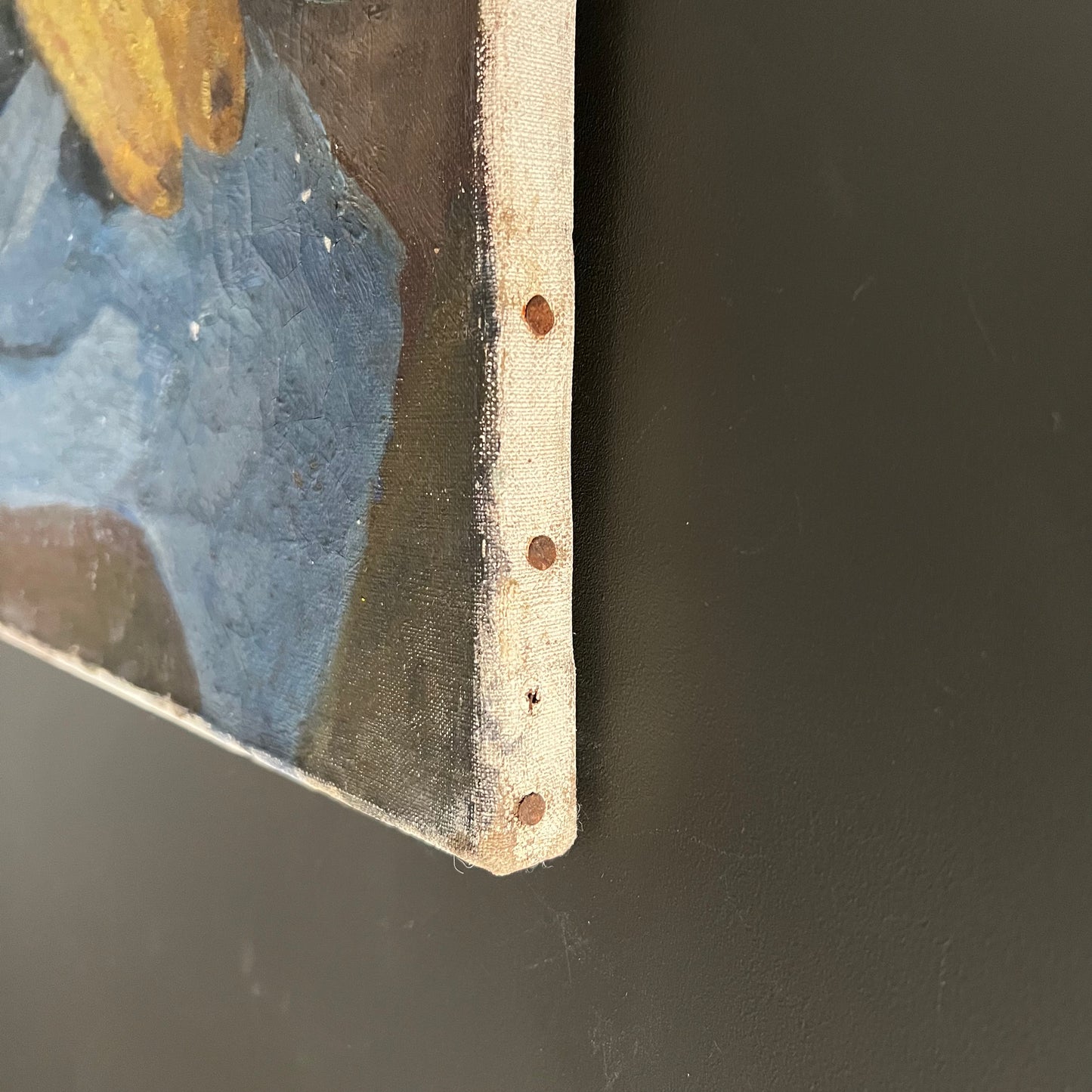 Large Vintage Oil Painting Still Life French Tabletop Wine, Garlic and Corn c1940s