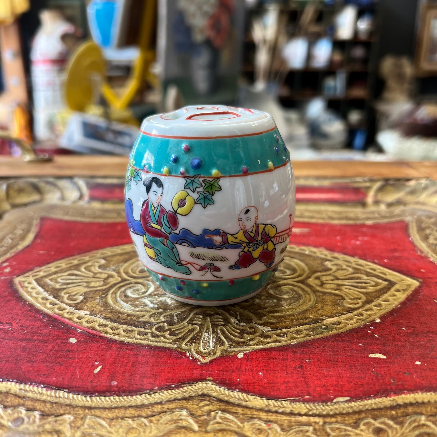 Vintage Hand Painted Chinese Petite Ginger Jar with Pierced Lid Famille Rose