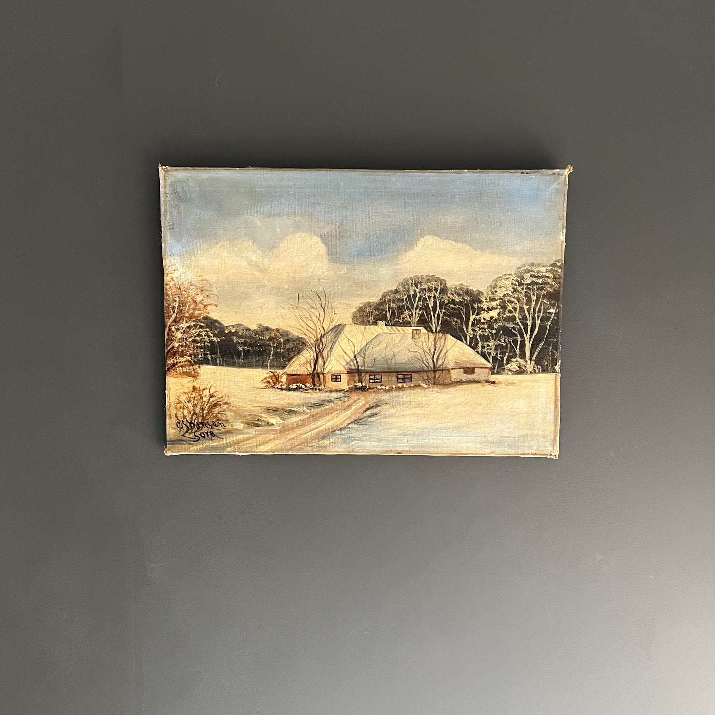 Vintage Oil Painting Winter Landscape Cottage in the Snow