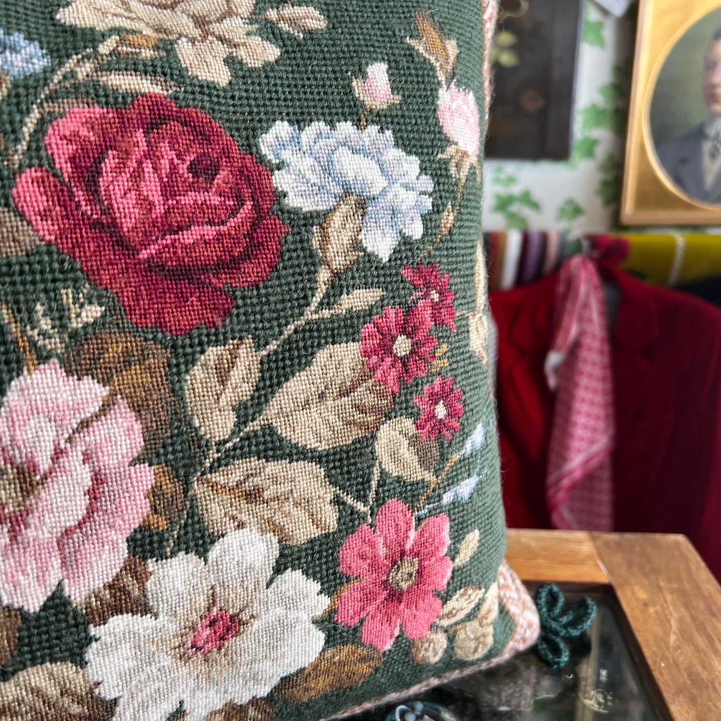 Stunning Roses & Blooms Needlepoint Wool Tapestry & Velvet Cushion