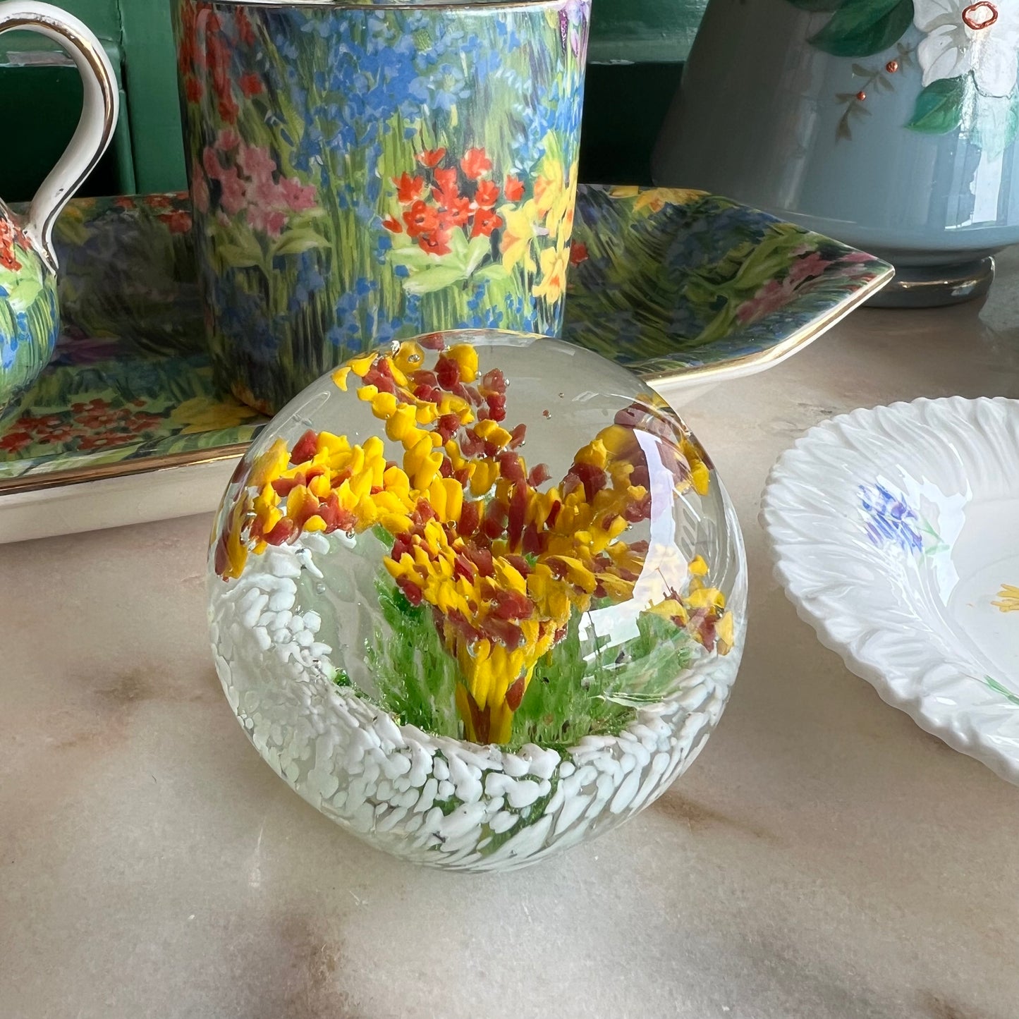 Art Glass Paper Weight Yellow & Red Flower