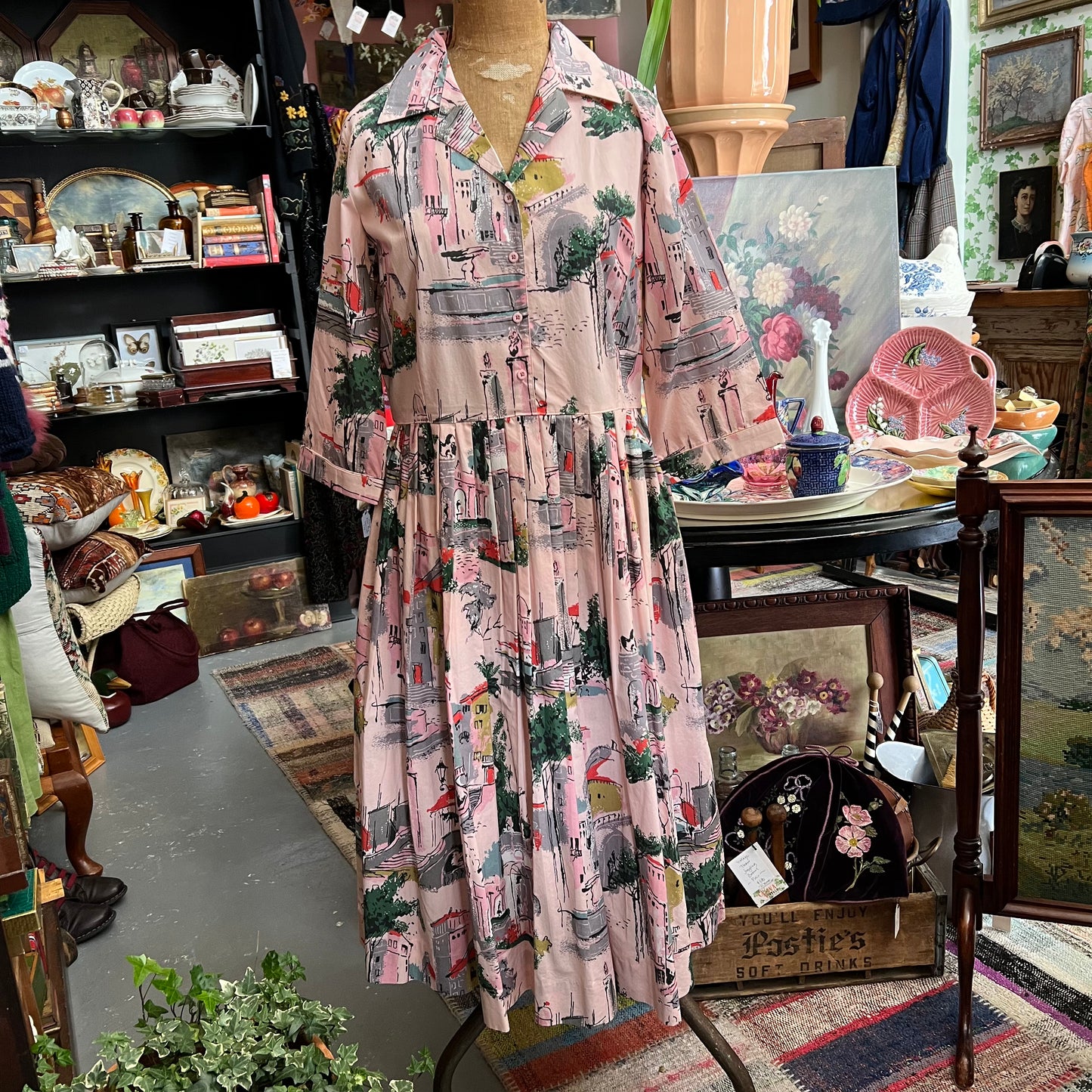 Lazybones Vintage Style Dress Pink Streetscape Organic Cotton