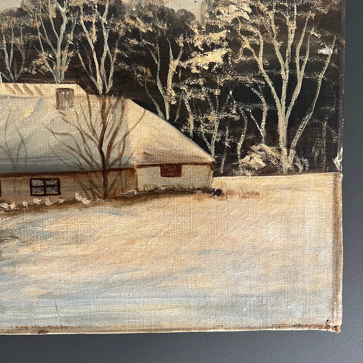 Vintage Oil Painting Winter Landscape Cottage in the Snow