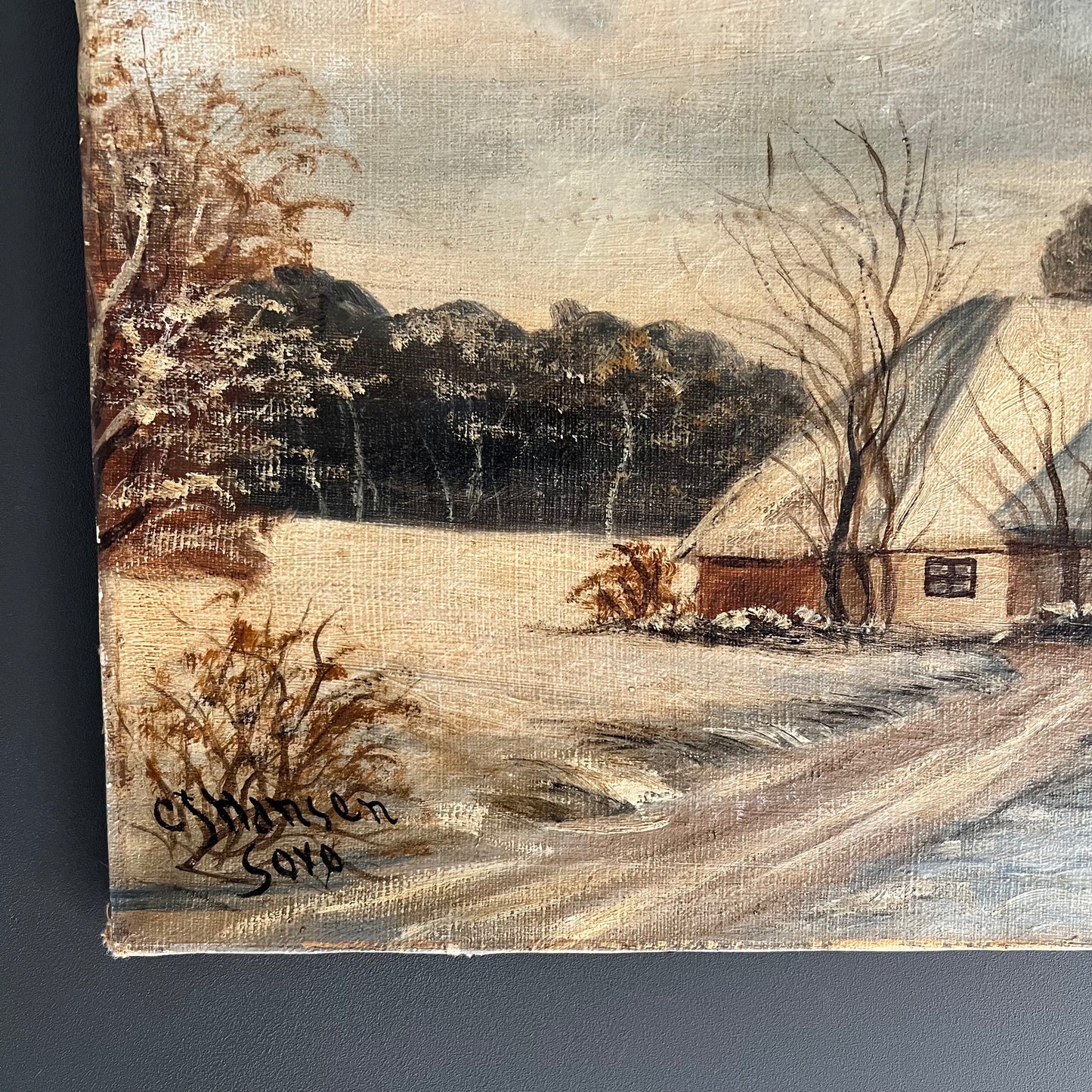 Vintage Oil Painting Winter Landscape Cottage in the Snow