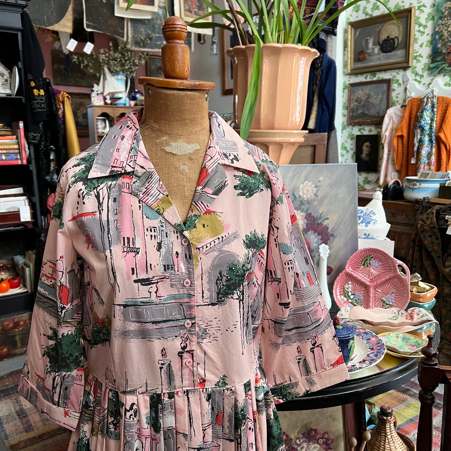 Lazybones Vintage Style Dress Pink Streetscape Organic Cotton