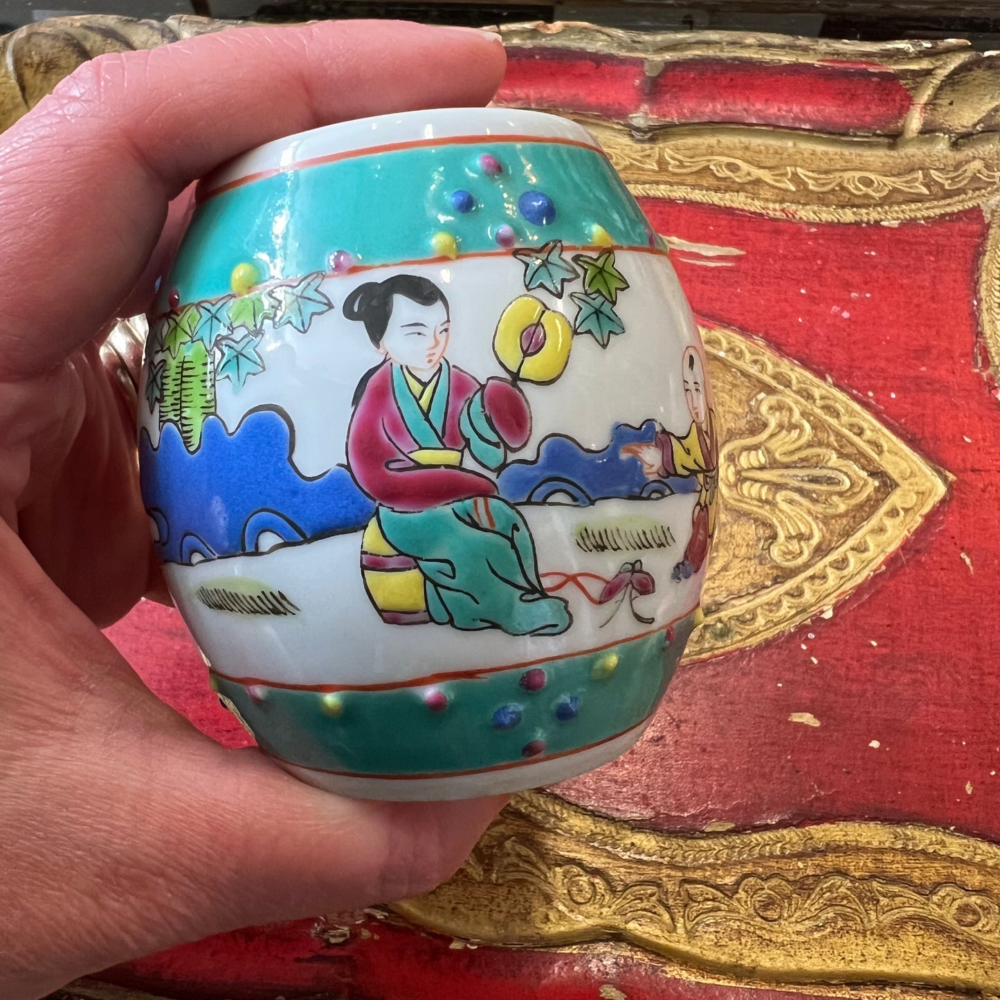 Vintage Hand Painted Chinese Petite Ginger Jar with Pierced Lid Famille Rose
