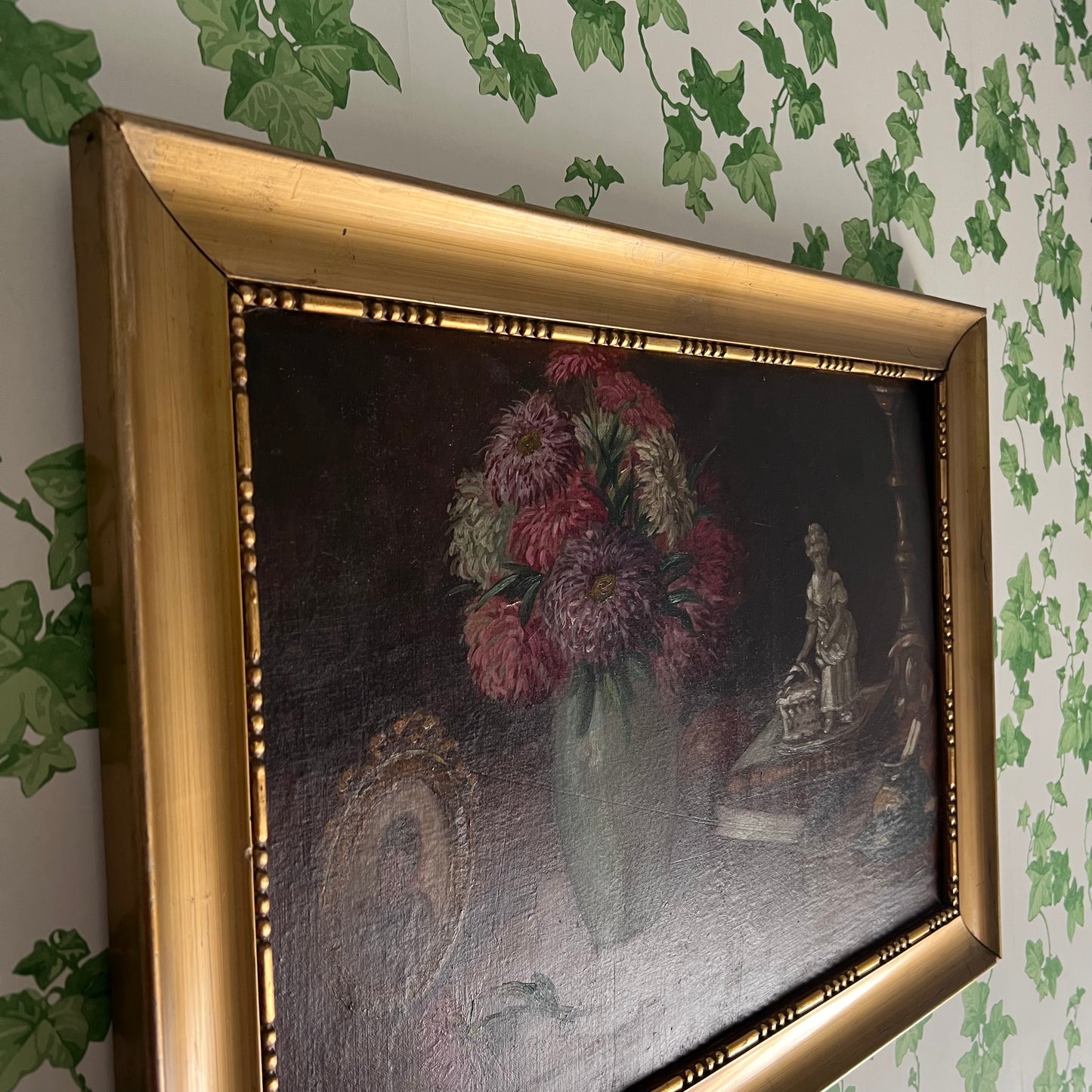 Vintage Oil Painting Still Life Asters in Vase with Keepsakes