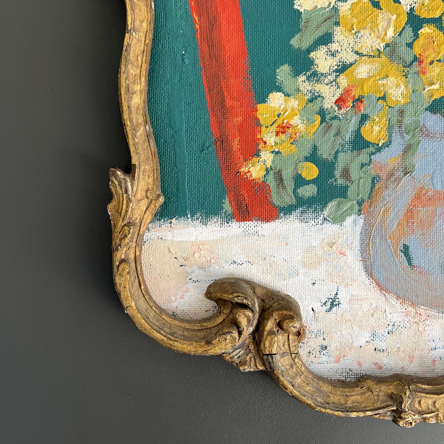 Vintage Painting Interior Scene Flowers with Red Chair and Portrait