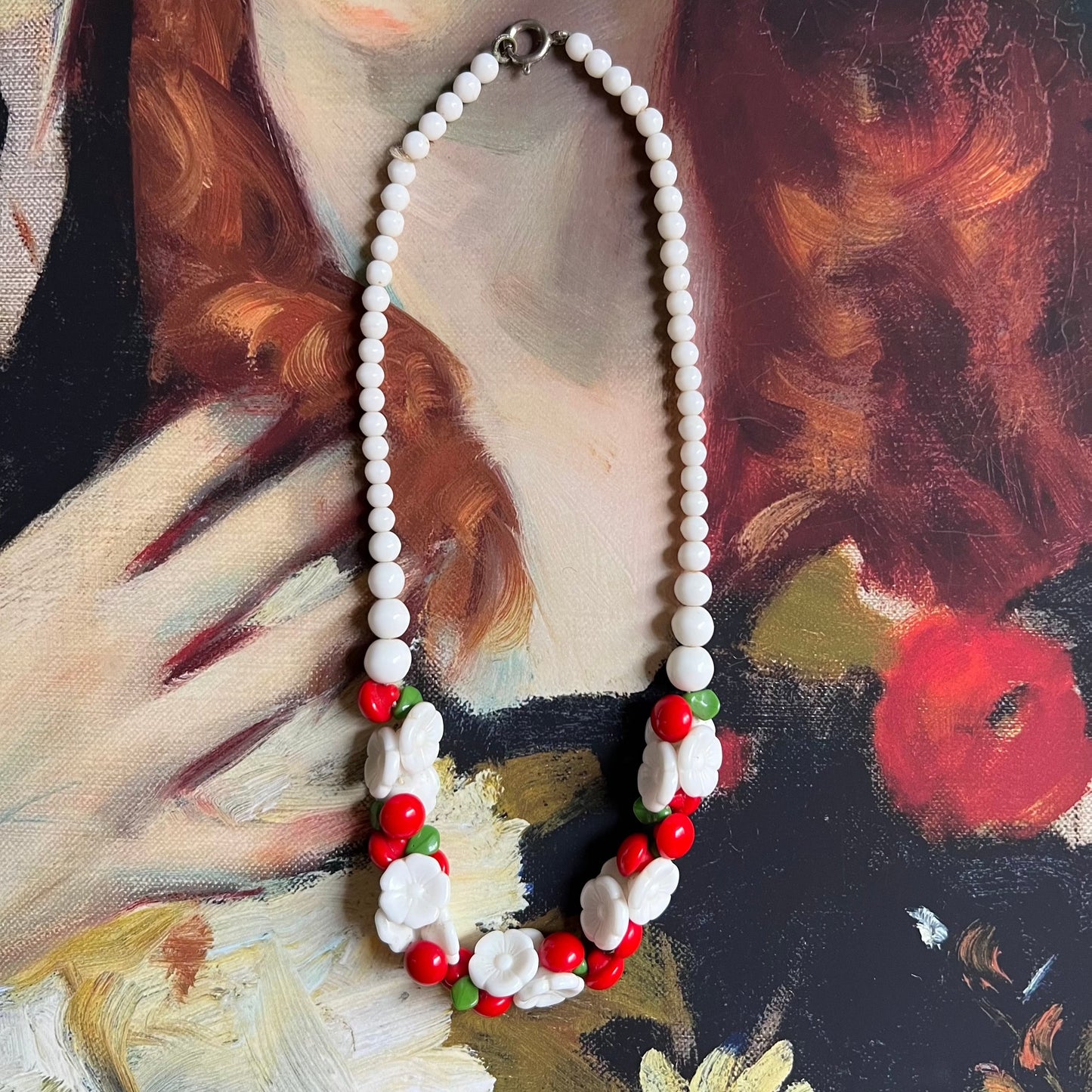 Vintage Glass Beads Necklace White Flowers, Red Berries & Green Leaves