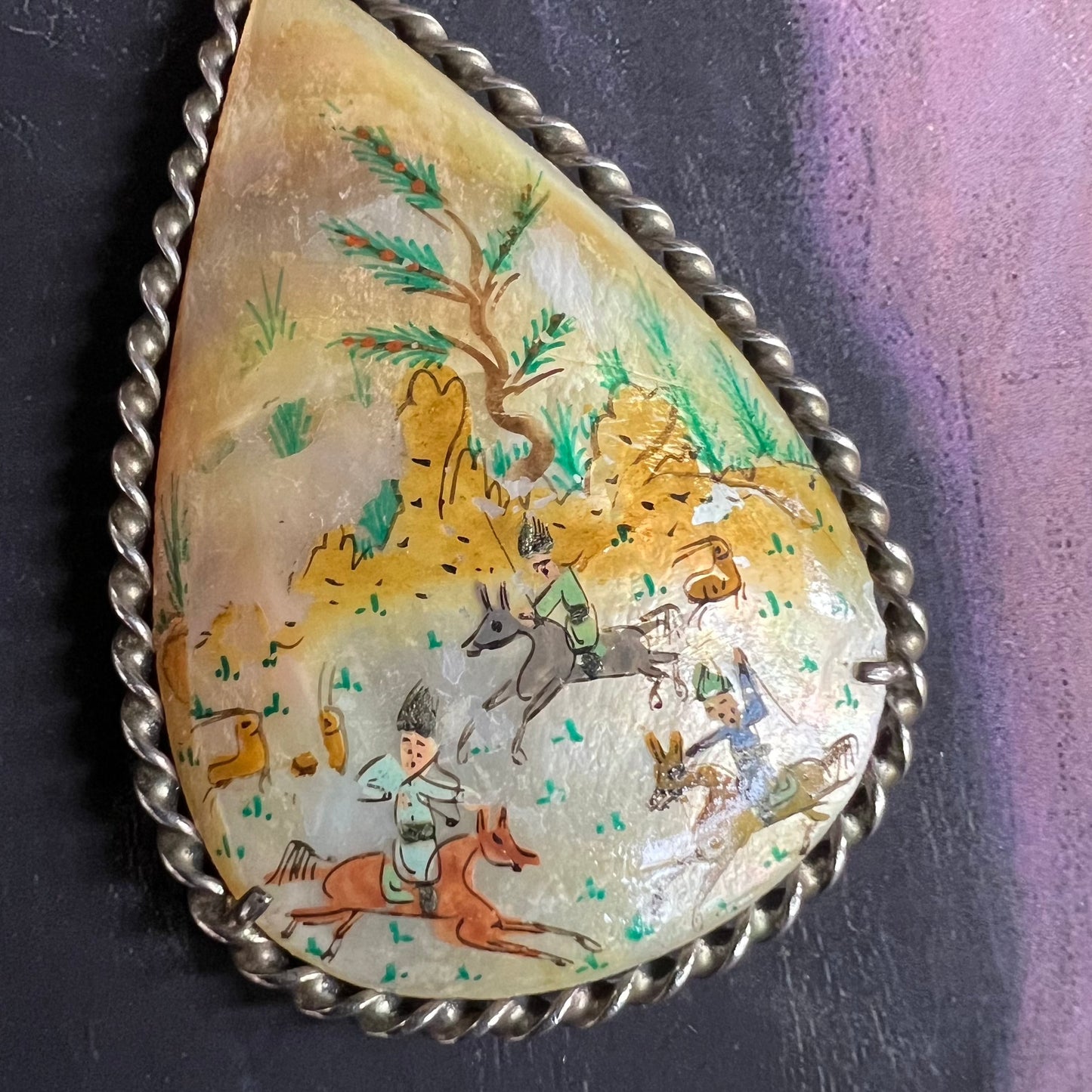 Vintage Persian Sterling Silver Mother of Pearl Double Sided Hand Painted Pendant