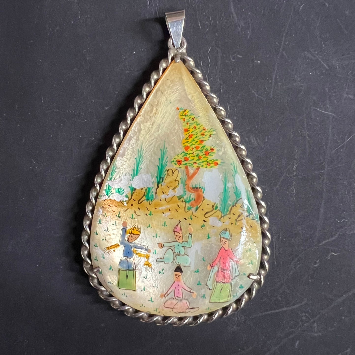 Vintage Persian Sterling Silver Mother of Pearl Double Sided Hand Painted Pendant