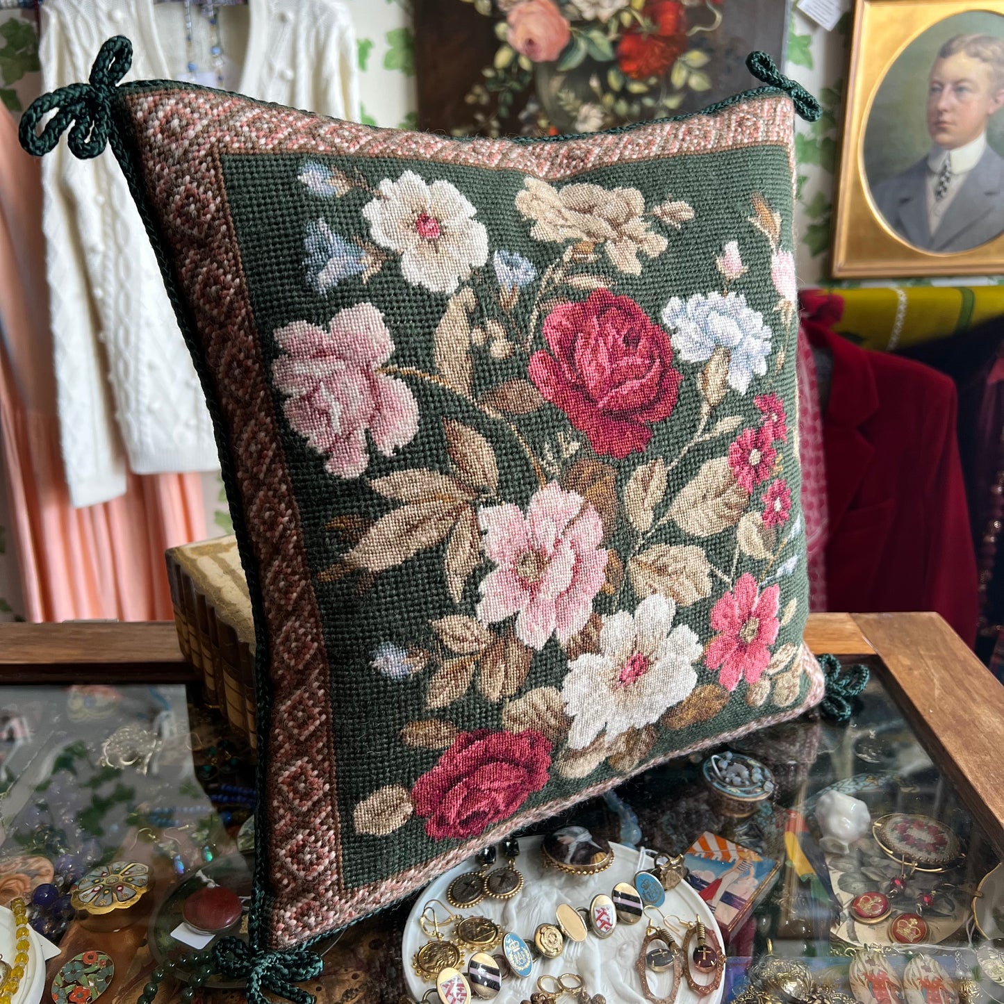 Stunning Roses & Blooms Needlepoint Wool Tapestry & Velvet Cushion