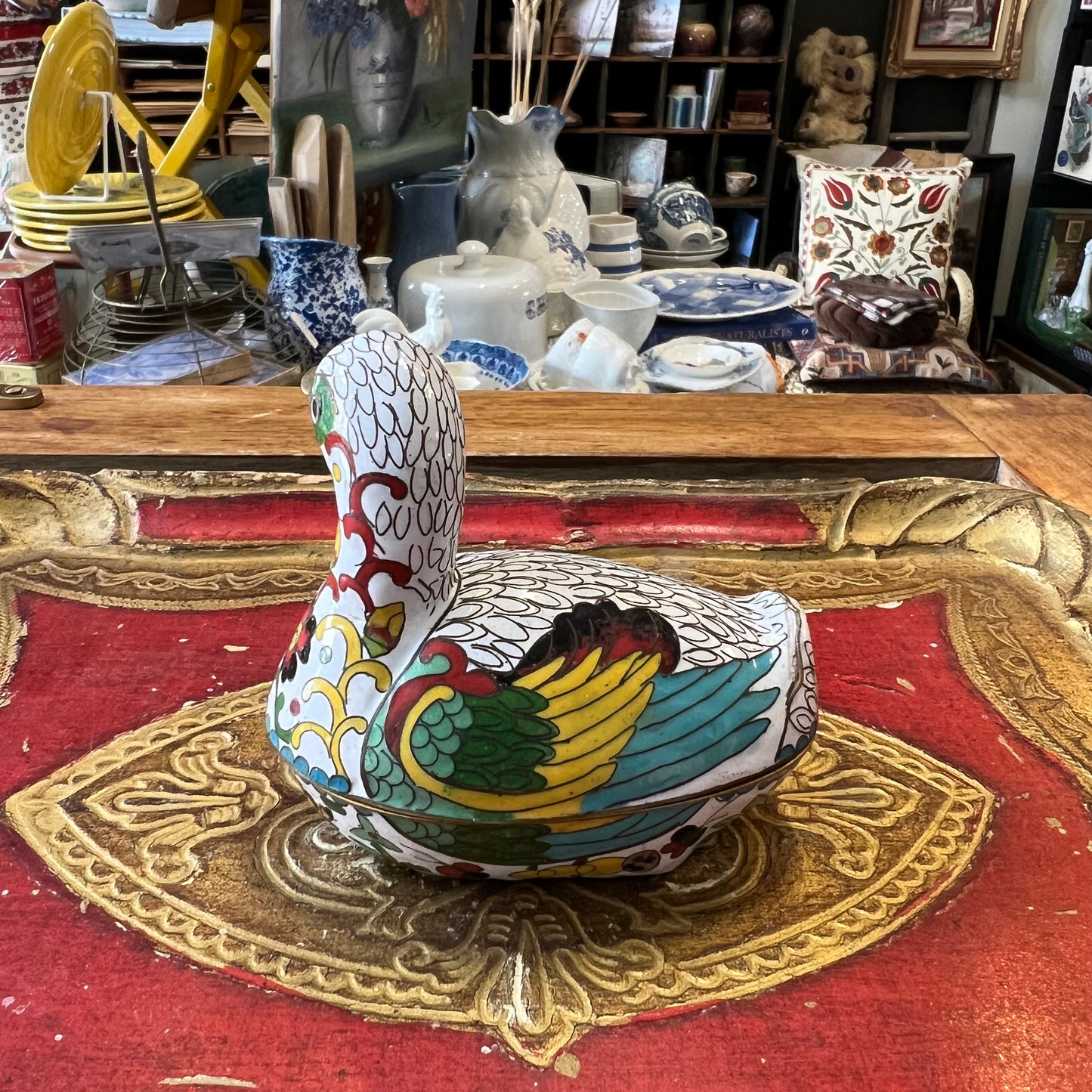 Vintage Cloisonné Brass Duck Box