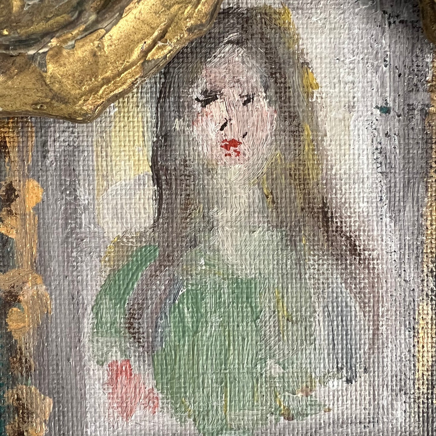 Vintage Painting Interior Scene Flowers with Red Chair and Portrait