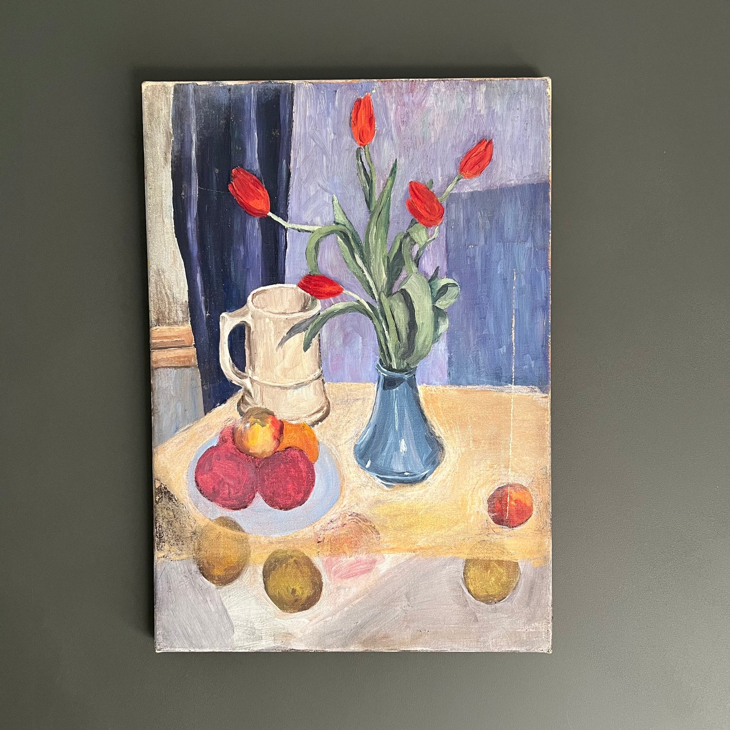 Rustic Vintage Oil Painting Still Life Red Tulips in Blue Vase