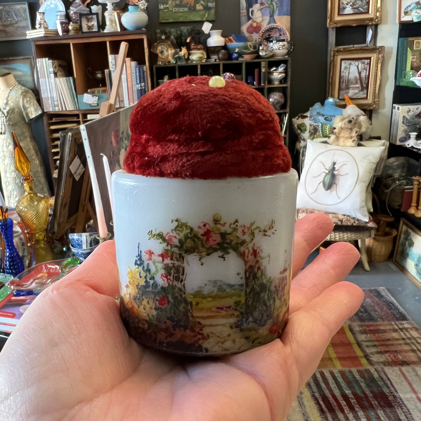 Vintage Hand Painted Cottage Garden Pond’s Milk Glass Jar Pincushion