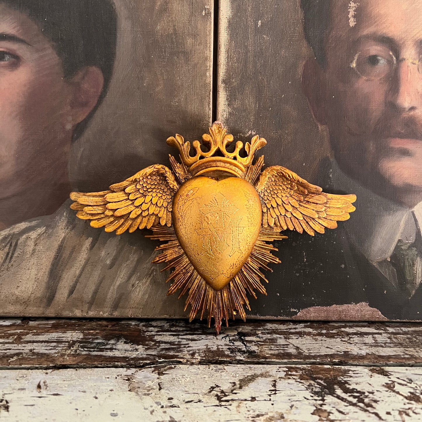 Golden Sacred Heart with Crown & Wings