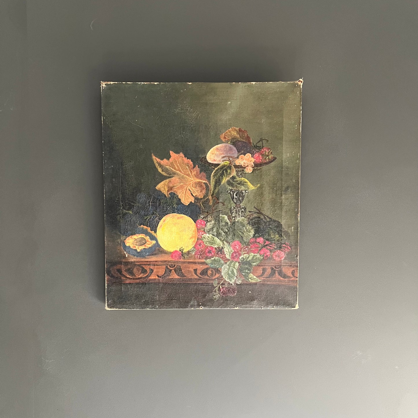 Rustic Antique Oil Painting Still Life Fruits & Foliage