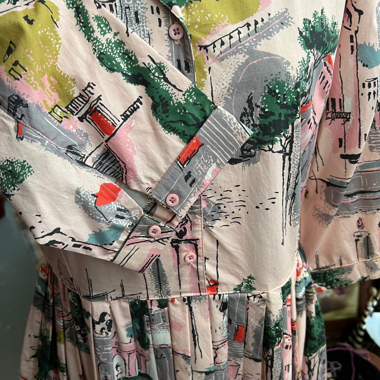 Lazybones Vintage Style Dress Pink Streetscape Organic Cotton