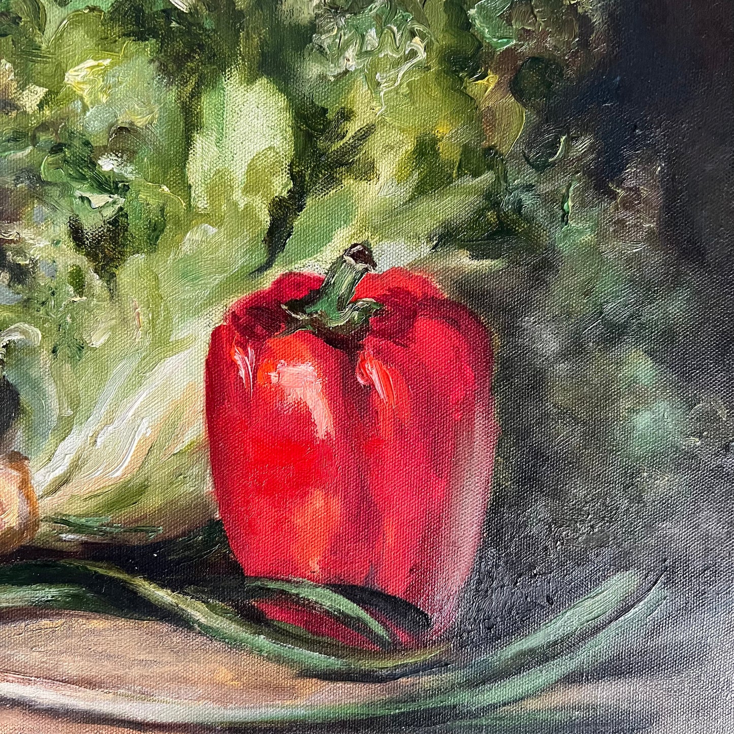 Vintage Oil Painting Still Life Capsicums and Lettuce