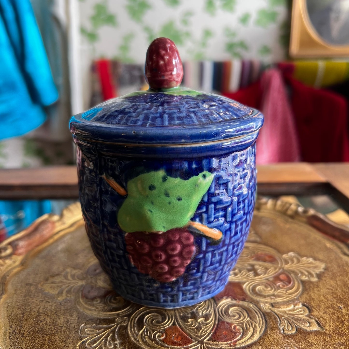Vintage Majolica Style Glazed Pottery Jam Pot