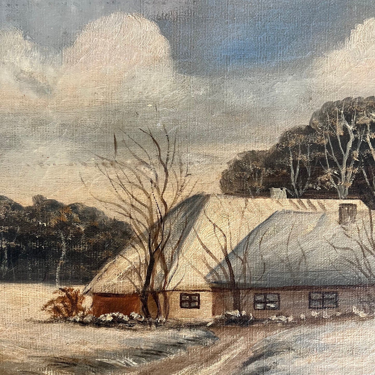 Vintage Oil Painting Winter Landscape Cottage in the Snow
