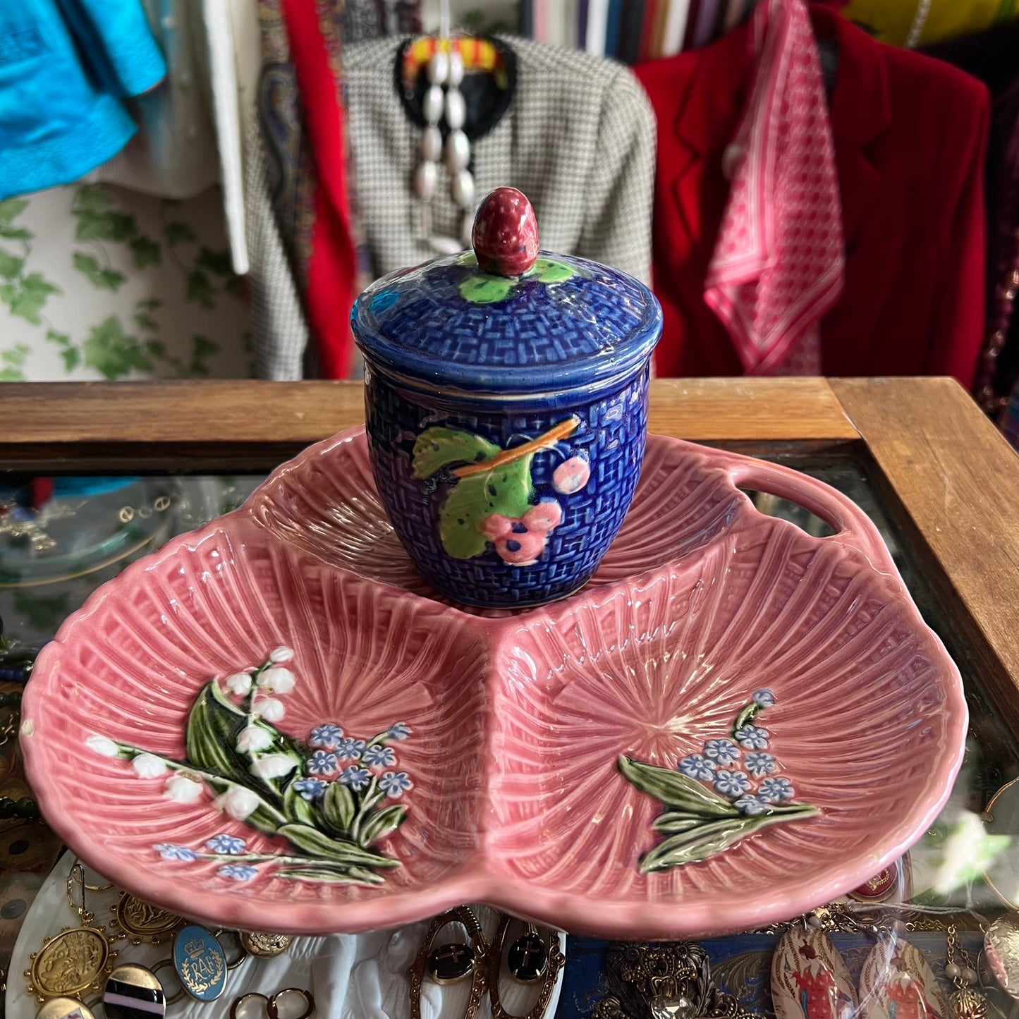 Vintage Majolica Style Glazed Pottery Jam Pot