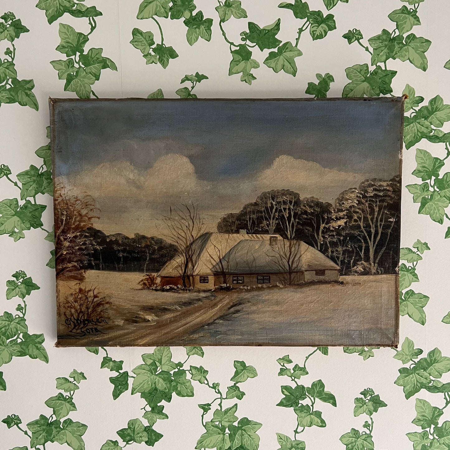 Vintage Oil Painting Winter Landscape Cottage in the Snow