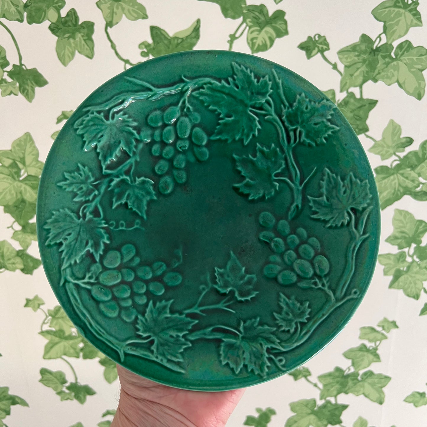 Antique Green Majolica Plate Embossed Grapes & Leaves