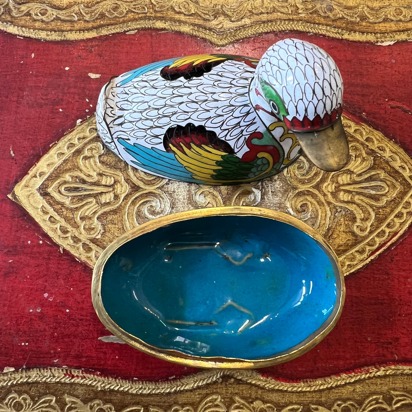 Vintage Cloisonné Brass Duck Box