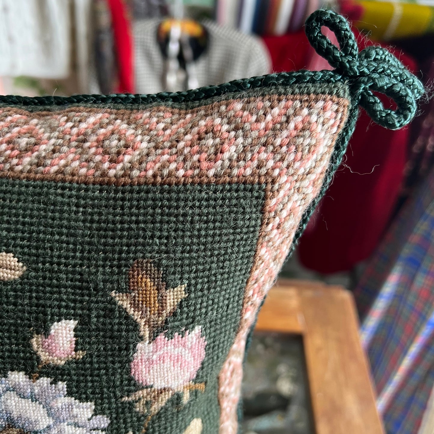 Stunning Roses & Blooms Needlepoint Wool Tapestry & Velvet Cushion