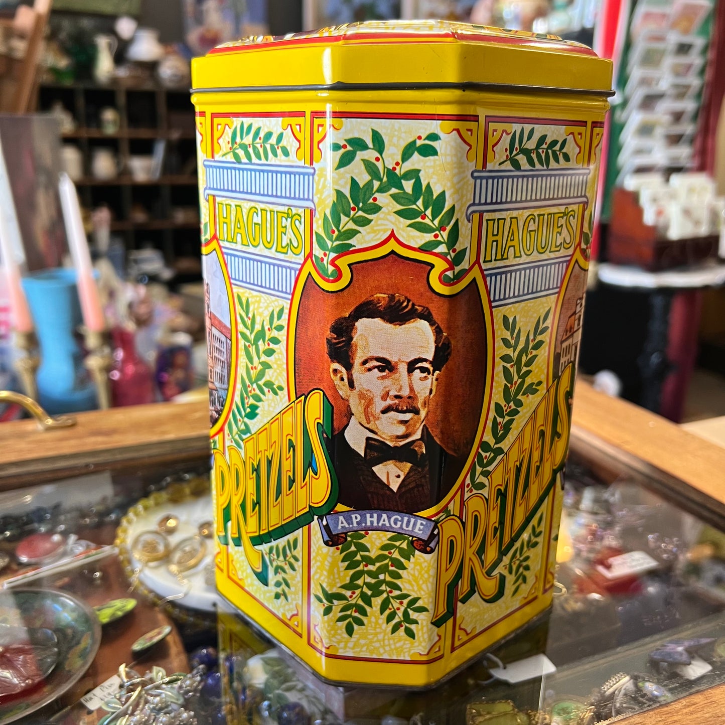 Vintage Advertising Tin Set~ Carmichael’s Chips, Hague’s Pretzels, Radford’s Nuts