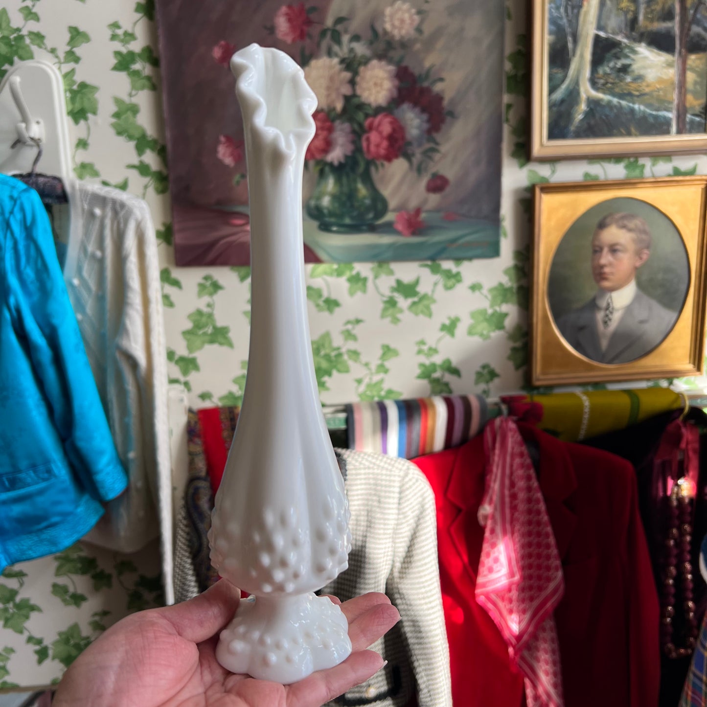 Vintage Fenton Hobnail Milk Glass Vase